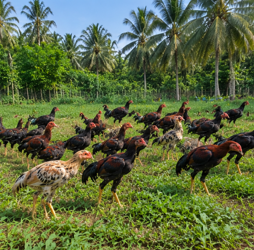 Group of young gamefowl developing on a tropical range