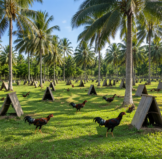 Gamefowl range with shelters and tropical vegetation
