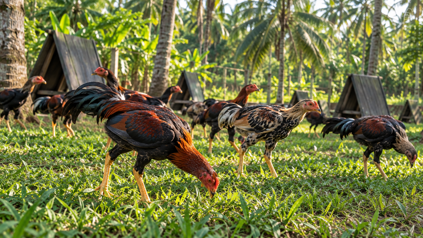 Young gamefowl ranging on grass